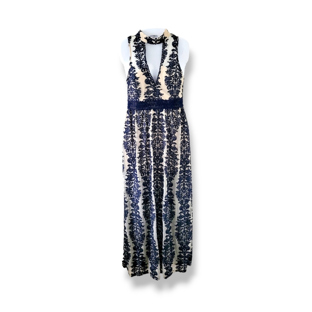 Grayson | Anthro | EUC Pretty Navy/Nude Sheer Lacy Keyhole Maxi Dress (SIZE S)